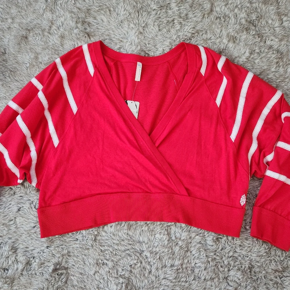 Free People FP Movement Aerial Long Sleeve Top Red & White Women's‎ Size Large